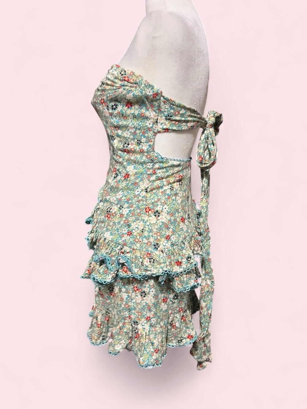 Small Strapless Floral Ruffle Mini Dress - Turquoise - Picture 4 of 8